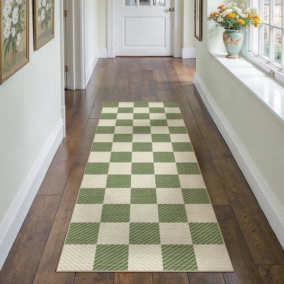 WIPONKEN 2'x6' Runner Rugs for Hallway Bathroom Bedroom Entryway Kitchen Non Slip Washable Green Checkered Geometric Modern Contemporary Runner Rugs