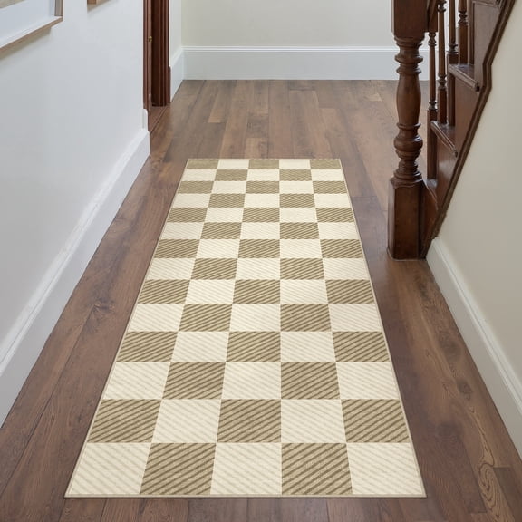 WIPONKEN 2'x6' Runner Rugs for Hallway Bathroom Bedroom Entryway Kitchen Non Slip Washable Brown Checkered Geometric Modern Contemporary Runner Rugs