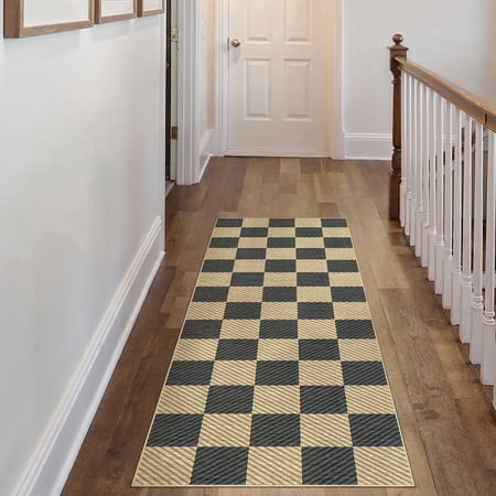 WIPONKEN 2'x6' Runner Rugs for Hallway Bathroom Bedroom Entryway Kitchen Non Slip Washable Black and Brown Checkered Geometric Modern Contemporary Runner Rugs