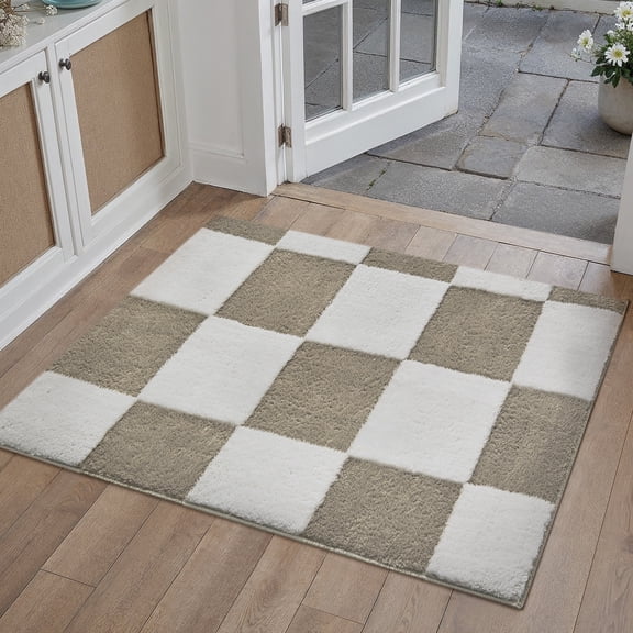 WIPONKEN 2x3 Small Area Rugs for Entryway Bedroom Dining Room Office Jacquard Soft Cotton Plush Farmhouse Machine Washable Non Slip Checkered Geometric Modern Rug, Coffee&White