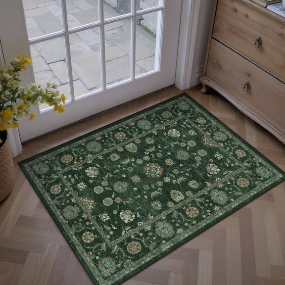 WIPONKEN 2x3 Area Rugs Morris Carpet for Living Room Bedroom Dining Room Office Farmhouse, Machine Washable Non Slip Vintage Persia Rug Green