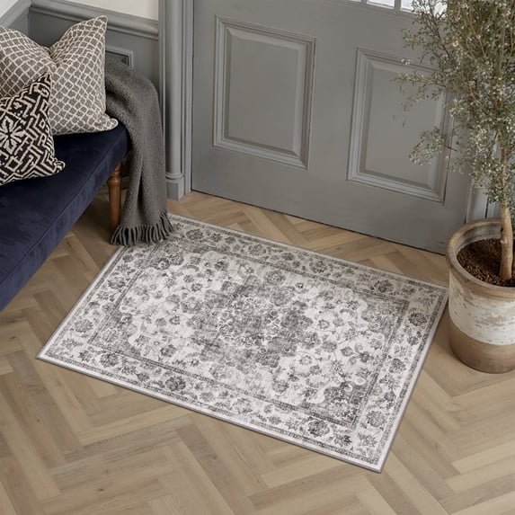 WIPONKEN 2x3 Area Rugs for Living Room Bedroom Dining Room Office Farmhouse, Machine Washable Non Slip Vintage Persia Rug Black