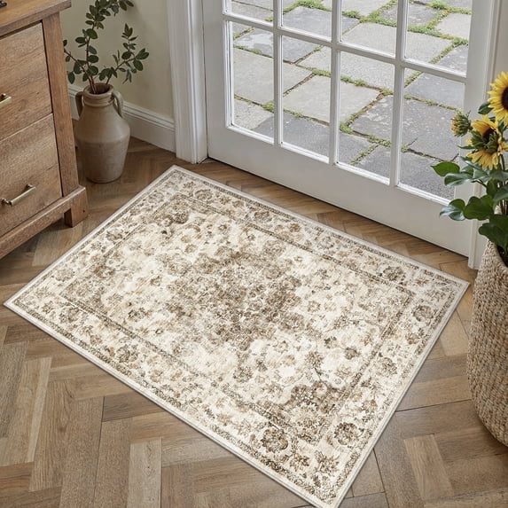 WIPONKEN 2x3 Area Rugs for Living Room Bedroom Dining Room Office Farmhouse, Machine Washable Non Slip Vintage Persia Rug Brown
