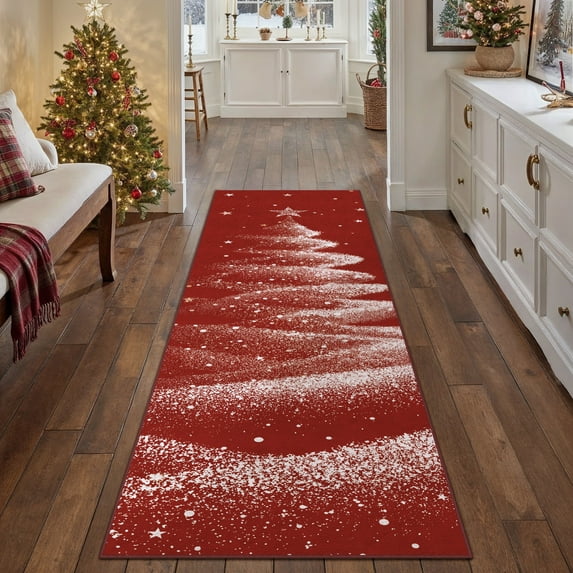 WIPONKEN 2x6 Christmas Runner Rug,Christmas Tree Soft Indoor Floor Carpet, Non-Slip Modern Holiday Decor for Living Room Bedroom,Red Festive Accent