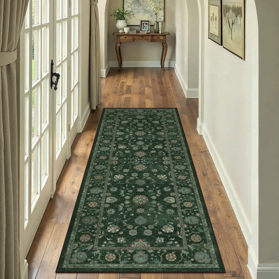WIPONKEN 2x6 Runner Rugs Morris Carpet for Living Room Bedroom Dining Room Office Farmhouse, Machine Washable Non Slip Vintage Persia Rug Green
