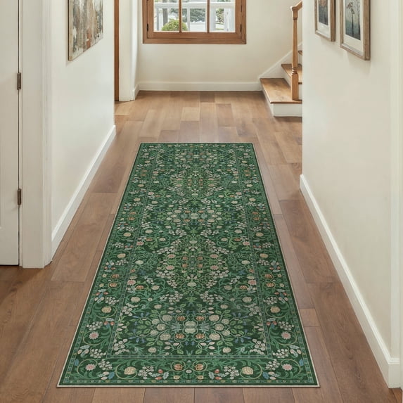 WIPONKEN 2x6 Runner Rugs Morris Carpet for Living Room Bedroom Dining Room Office Farmhouse Floral Machine Washable Non Slip Classic Vintage Persia Rug On Clearance, Green