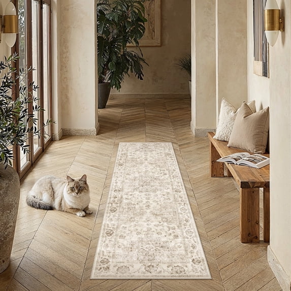 WIPONKEN 2x6 Runner Rugs for Living Room Bedroom Dining Room Office Farmhouse, Machine Washable Non Slip Vintage Persia Rug Beige