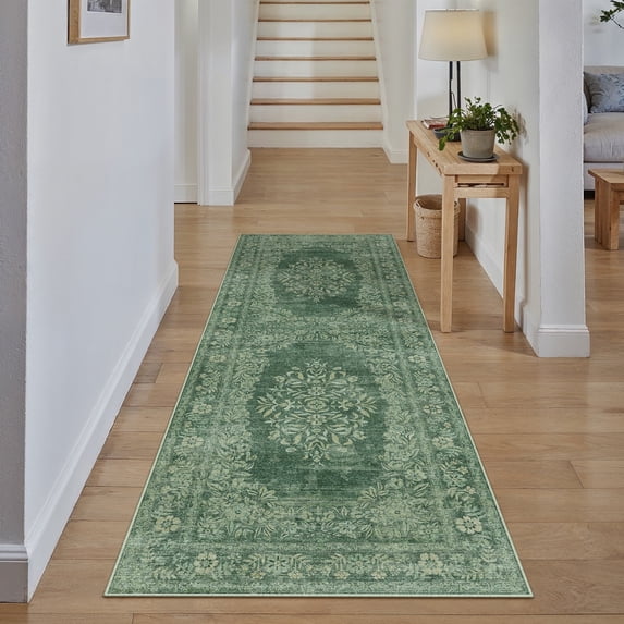 WIPONKEN 2x6 Runner Rugs for Living Room Bedroom Dining Room Office Farmhouse, Machine Washable Non Slip Vintage Persia Rug Green