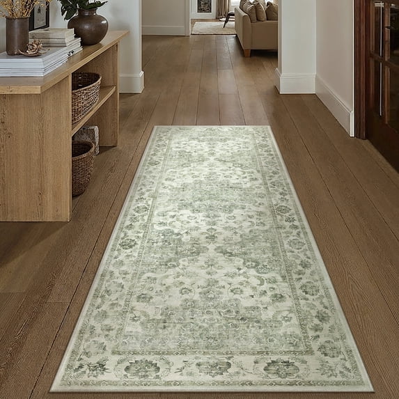 WIPONKEN 2x6 Runner Rugs for Living Room Bedroom Dining Room Office Farmhouse, Machine Washable Non Slip Vintage Persia Rug Green