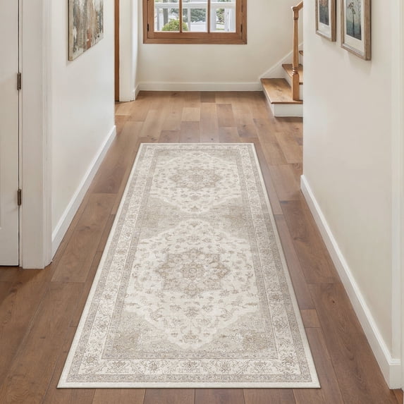 WIPONKEN 2x6 Runner Rugs for Living Room Bedroom Dining Room Office Farmhouse, Machine Washable Non Slip Vintage Persia Rug Beige