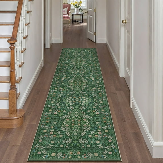 WIPONKEN 2x8 Runner Rugs Morris Carpet for Living Room Bedroom Dining Room Office Farmhouse, Machine Washable Non Slip Vintage Persia Rug Green