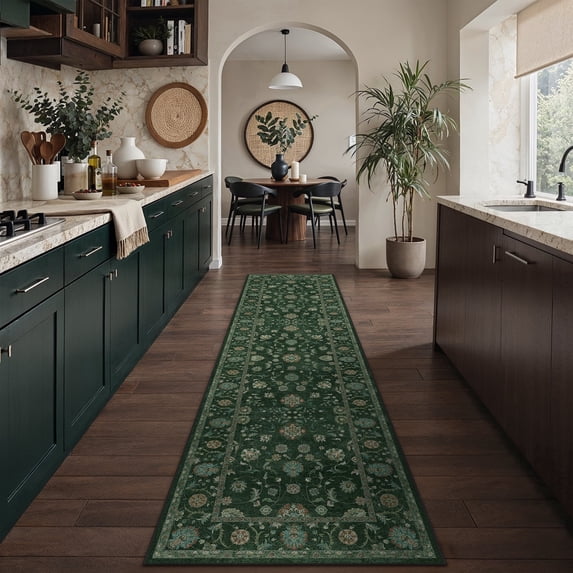 WIPONKEN 2x8 Runner Rugs Morris Carpet for Living Room Bedroom Dining Room Office Farmhouse, Machine Washable Non Slip Vintage Persia Rug Green