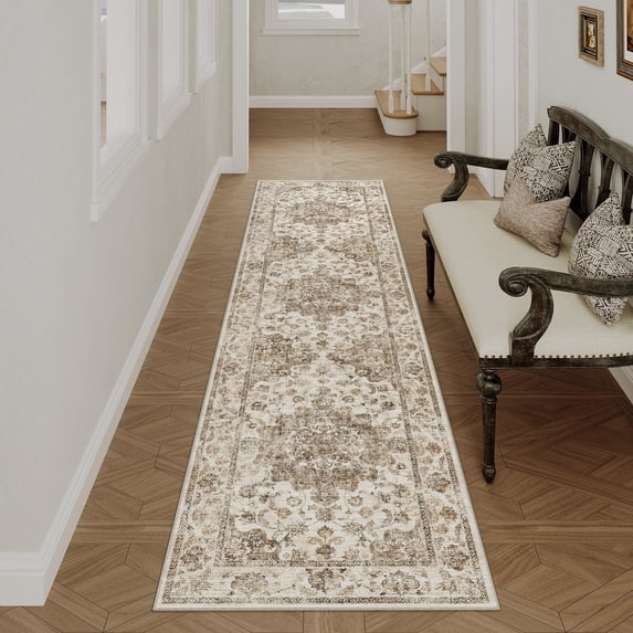 WIPONKEN 2x8 Runner Rugs for Living Room Bedroom Dining Room Office Farmhouse, Machine Washable Non Slip Vintage Persia Rug Brown