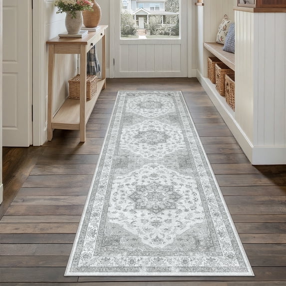 WIPONKEN 2x8 Runner Rugs for Living Room Bedroom Dining Room Office Farmhouse, Machine Washable Non Slip Vintage Persia Rug Gray