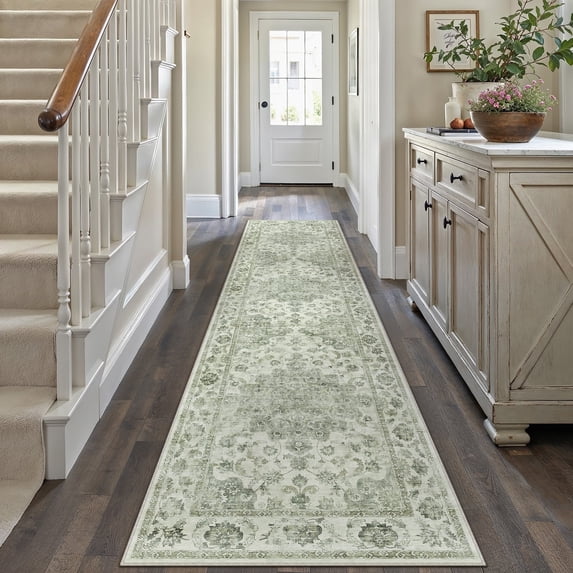 WIPONKEN 2x8 Runner Rugs for Living Room Bedroom Dining Room Office Farmhouse, Machine Washable Non Slip Vintage Persia Rug Green