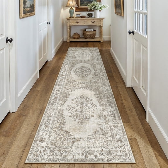 WIPONKEN 2x8 Runner Rugs for Living Room Bedroom Dining Room Office Farmhouse, Machine Washable Non Slip Vintage Persia Rug Beige