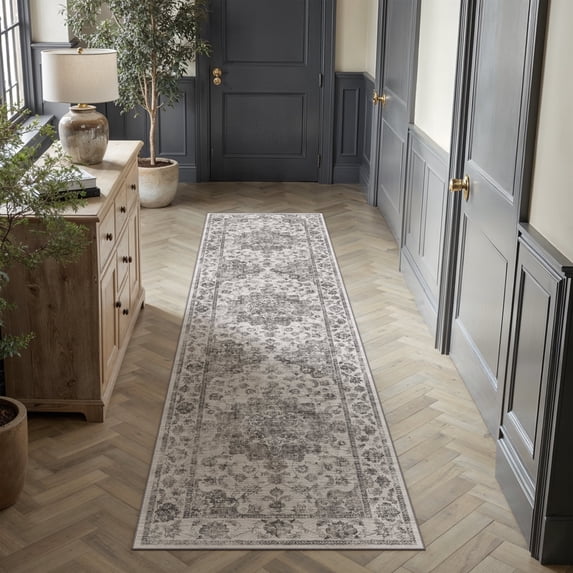 WIPONKEN 2x8 Runner Rugs for Living Room Bedroom Dining Room Office Farmhouse, Machine Washable Non Slip Vintage Persia Rug Black