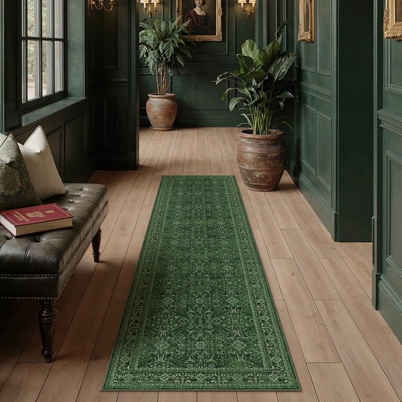 WIPONKEN 2x8 Runner Rugs for Living Room Bedroom Dining Room Office Farmhouse, Machine Washable Non Slip Vintage Persia Rug Green