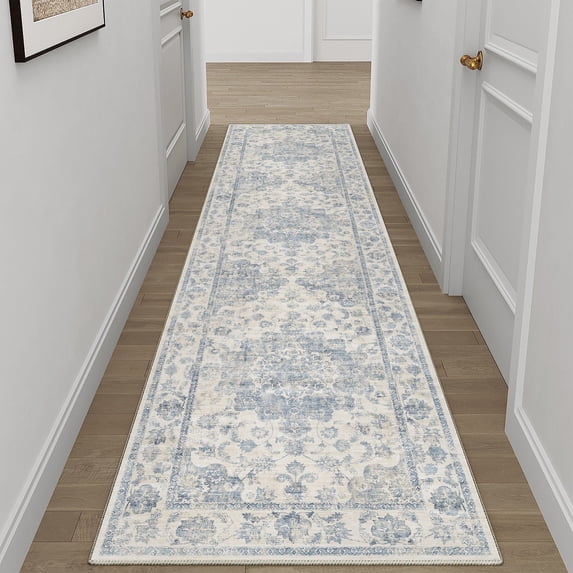 WIPONKEN 2x8 Runner Rugs for Living Room Bedroom Dining Room Office Farmhouse, Machine Washable Non Slip Vintage Persia Rug Blue