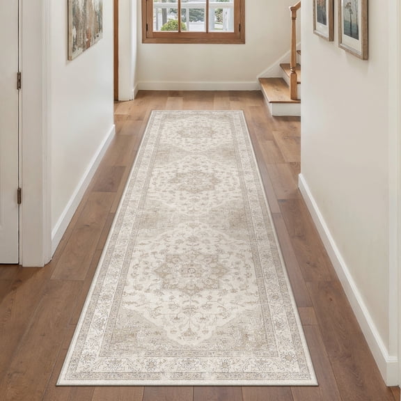 WIPONKEN 2x8 Runner Rugs for Living Room Bedroom Dining Room Office Farmhouse, Machine Washable Non Slip Vintage Persia Rug Beige