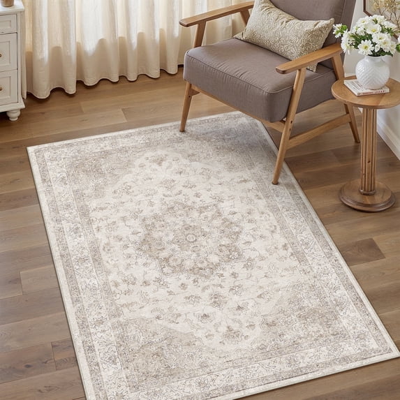 WIPONKEN 3x5 Area Rugs for Living Room Bedroom Dining Room Office Farmhouse, Machine Washable Non Slip Vintage Persia Rug Beige