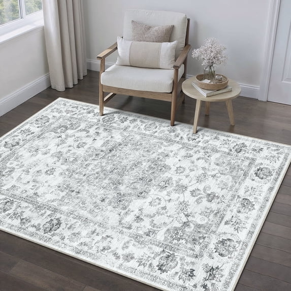 WIPONKEN 3x5 Area Rugs for Living Room Bedroom Dining Room Office Farmhouse, Machine Washable Non Slip Vintage Persia Rug Gray