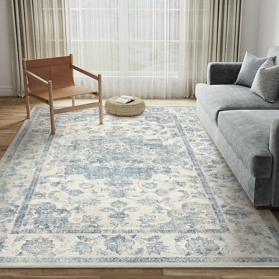 WIPONKEN 3x5 Area Rugs for Living Room Bedroom Dining Room Office Farmhouse, Machine Washable Non Slip Vintage Persia Rug Blue
