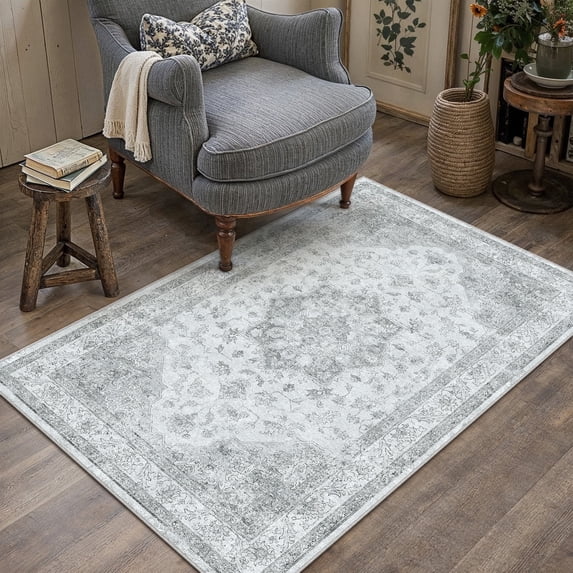 WIPONKEN 3x5 Area Rugs for Living Room Bedroom Dining Room Office Farmhouse, Machine Washable Non Slip Vintage Persia Rug Gray