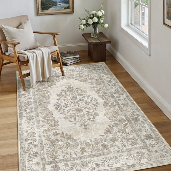 WIPONKEN 3x5 Area Rugs for Living Room Bedroom Dining Room Office Farmhouse, Machine Washable Non Slip Vintage Persia Rug Beige