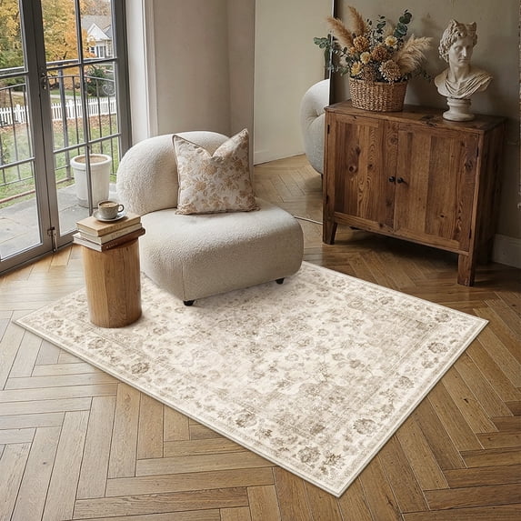 WIPONKEN 3x5 Area Rugs for Living Room Bedroom Dining Room Office Farmhouse, Machine Washable Non Slip Vintage Persia Rug Beige