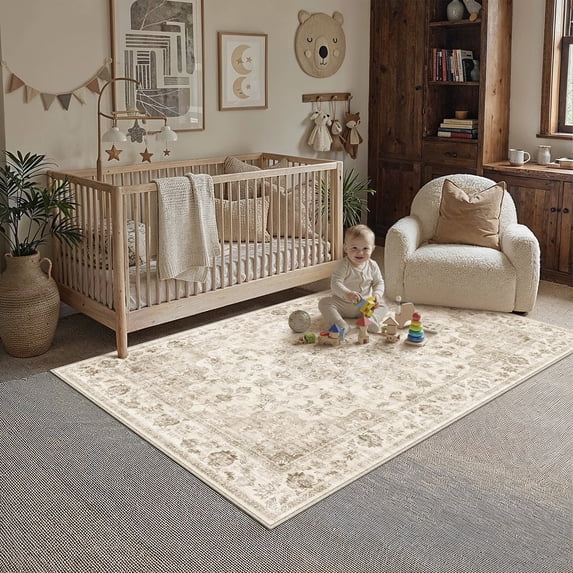 WIPONKEN 4x6 Area Rugs for Living Room Bedroom Dining Room Office Farmhouse, Machine Washable Non Slip Vintage Persia Rug Beige