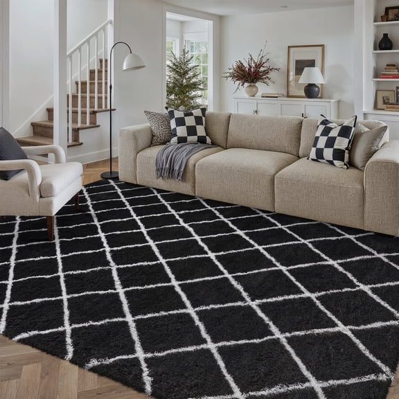 WIPONKEN 4x6 Checkered Shag Rug for Living Room Bedroom Dining Room Office Farmhouse Contemporary Modern Washable None-slip Geometric Area Rug Soft Indoor Fluffy Rugs, Black