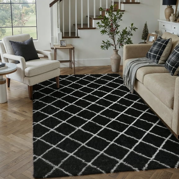 WIPONKEN 4x6 Checkered Shag Rug for Living Room Bedroom Dining Room Office Farmhouse, Washable Noneslip Area Rug Soft Indoor Fluffy Rugs, Black