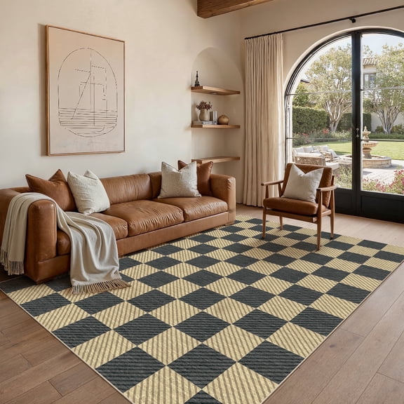 WIPONKEN 5'x7' Area Rugs for Living Room Modern Checkered Black and Brown Rugs for Bedroom Kitchen Non Slip Washable Geometric Contemporary Carpets for Home Office Dining Room Throw Rugs