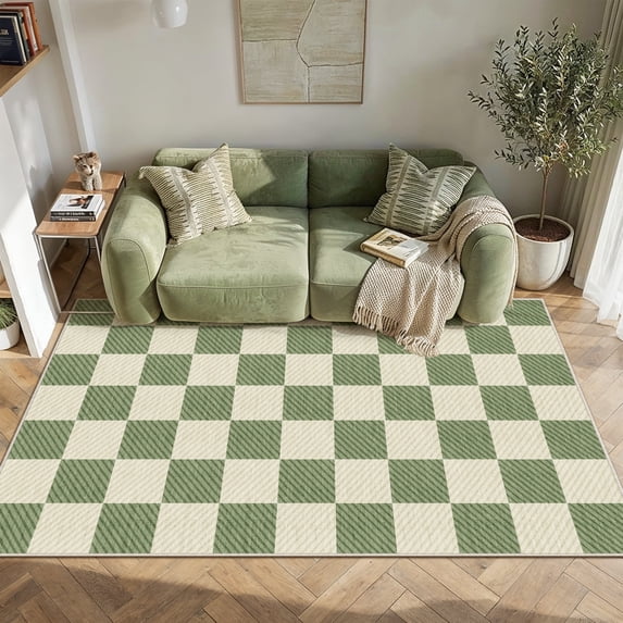 WIPONKEN 5'x7' Area Rugs for Living Room Modern Checkered Green Rugs for Bedroom Kitchen Non Slip Washable Geometric Contemporary Carpets for Home Office Dining Room Throw Rugs