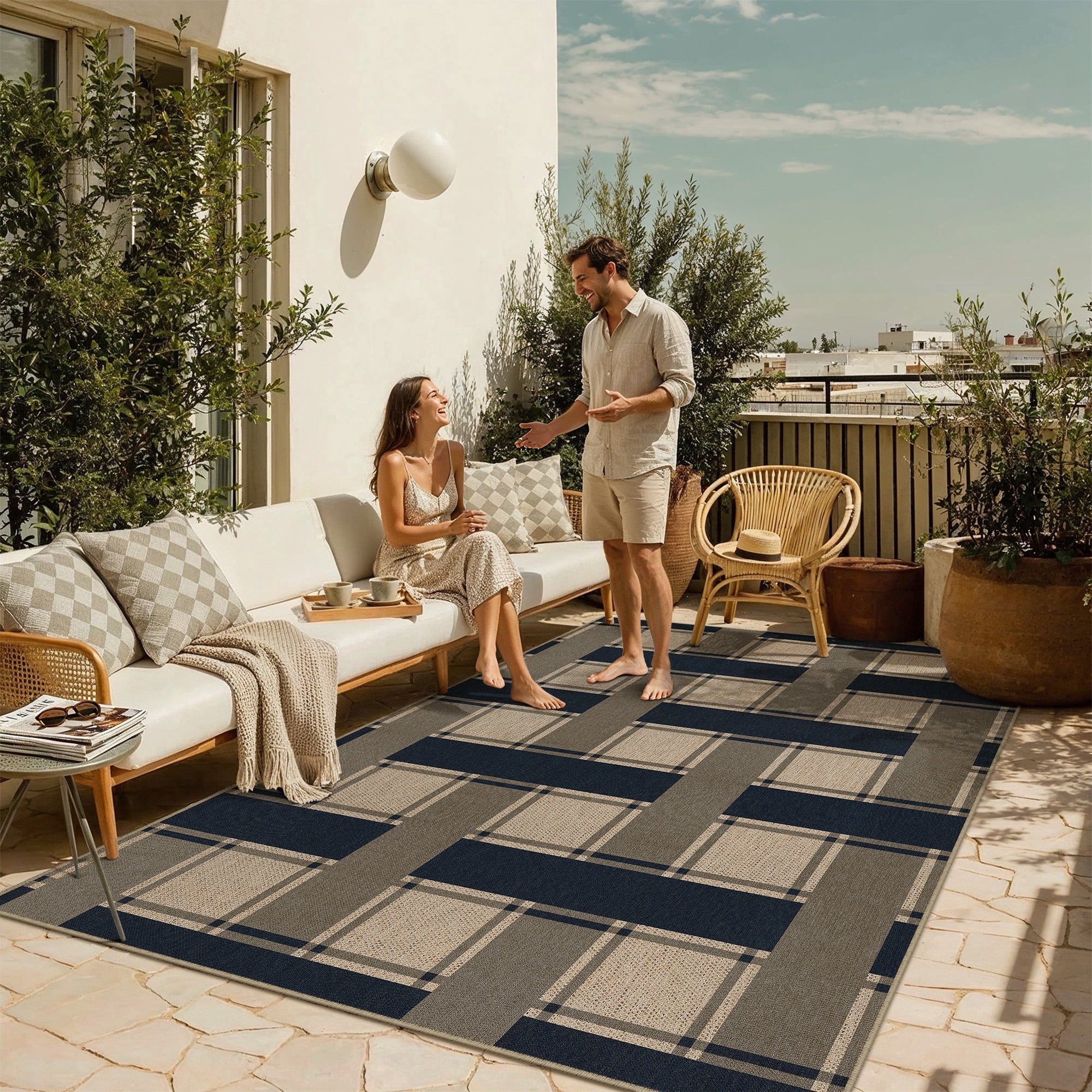 WIPONKEN 5'x7' Easy Jute Checkered Area Rugs for Living Room, Dining Room Office Neutral Carpet Farmhouse Outdoor Patio Checkerboard Washable Non Slip Geometric Rug, Black