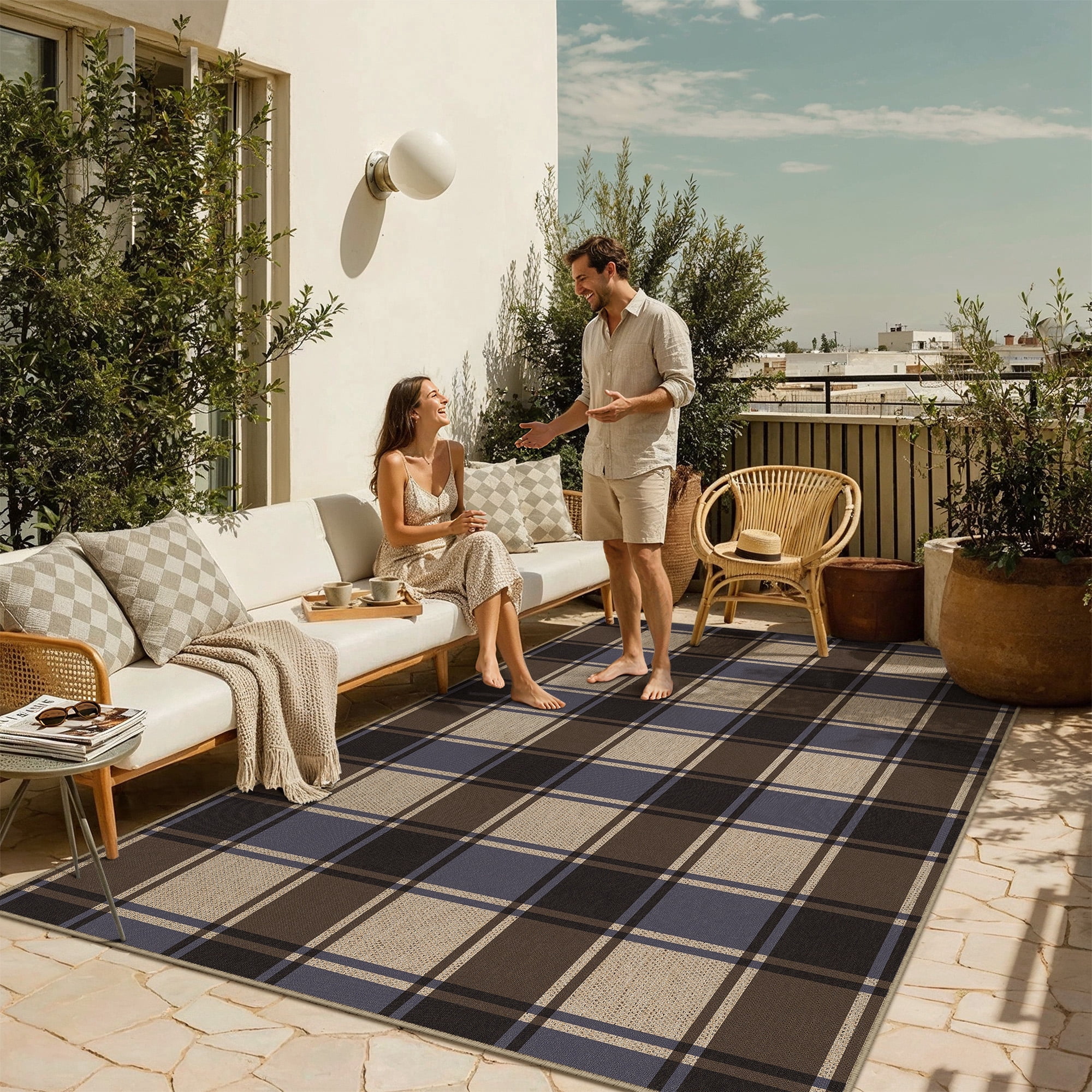 WIPONKEN 5'x7' Easy Jute Checkered Area Rugs for Living Room, Dining Room Office Neutral Carpet Farmhouse Outdoor Patio Checkerboard Washable Non Slip Geometric Rug, Blue Checkered