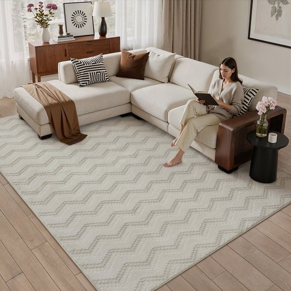 WIPONKEN 5x7 Area Rugs for Living Room Bedroom Dining Room Office Geometric Modern Machine Washable Non Slip Boho Farmhouse Soft Cotton Plush Rug, Beige