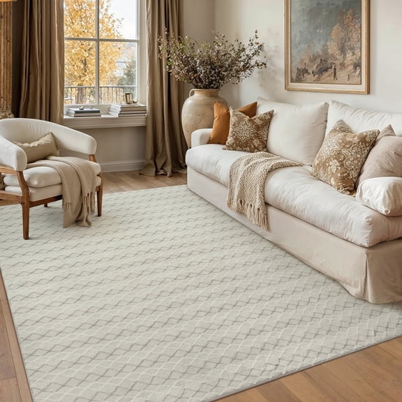 WIPONKEN 5x7 Area Rugs for Living Room Bedroom Dining Room Office Geometric Modern Washable Non Slip Boho Farmhouse Soft Cotton Plush Rug, Beige