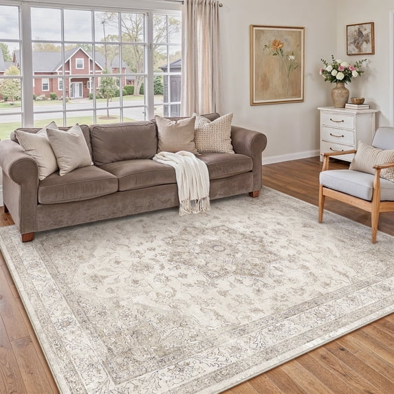 WIPONKEN 5x7 Area Rugs for Living Room Bedroom Dining Room Office Farmhouse, Machine Washable Non Slip Vintage Persia Rug Beige