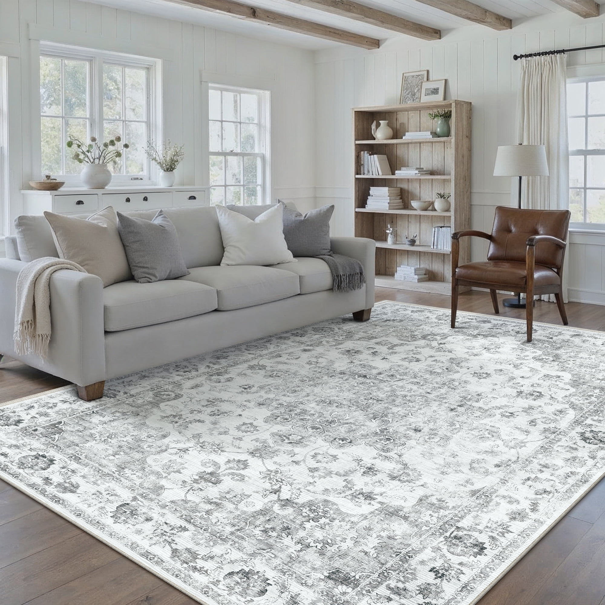 WIPONKEN 5x7 Area Rugs for Living Room Bedroom Dining Room Office Farmhouse, Machine Washable Non Slip Vintage Persia Rug Gray