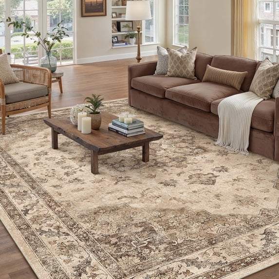 WIPONKEN 5x7 Area Rugs for Living Room Bedroom Dining Room Office Farmhouse, Machine Washable Non Slip Vintage Persia Rug Brown