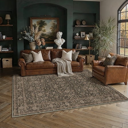 WIPONKEN 5x7 Area Rugs for Living Room Bedroom Dining Room Office Farmhouse, Machine Washable Non Slip Vintage Persia Rug Brown