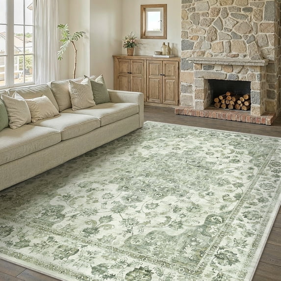 WIPONKEN 5x7 Area Rugs for Living Room Bedroom Dining Room Office Farmhouse, Machine Washable Non Slip Vintage Persia Rug Green