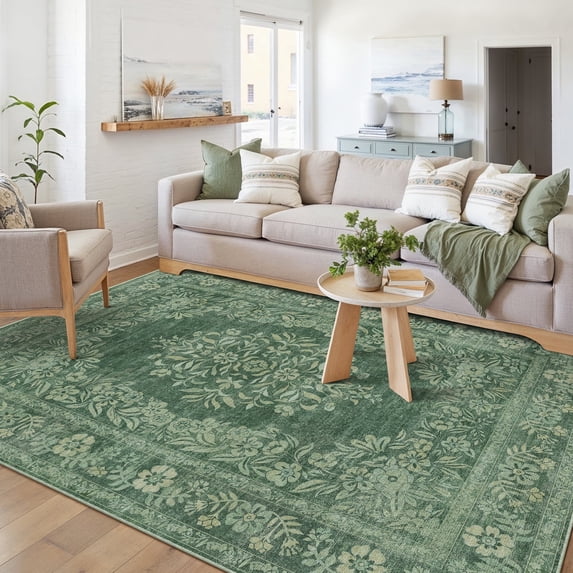 WIPONKEN 5x7 Area Rugs for Living Room Bedroom Dining Room Office Farmhouse, Machine Washable Non Slip Vintage Persia Rug Green