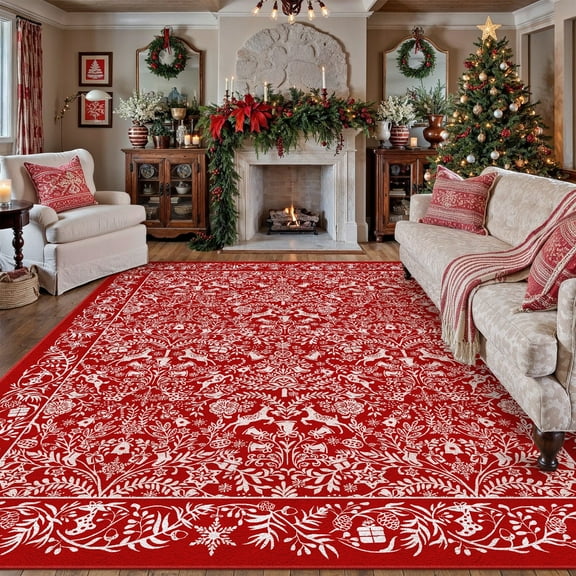 WIPONKEN 5x7 Christmas Rug,Soft Indoor Floor Carpet, Non-Slip Modern Holiday Decor for Living Room Bedroom,Red Festive Accent