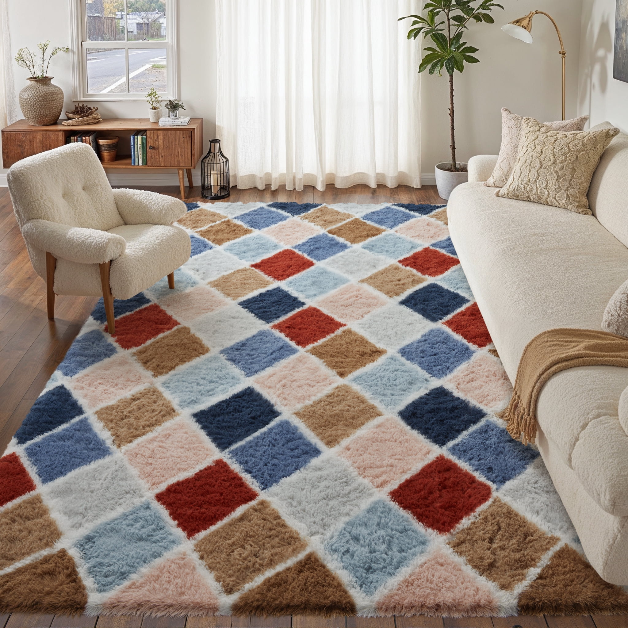 WIPONKEN 5x8 Checkered Shag Rug for Living Room Bedroom Dining Room Office Farmhouse, Washable Noneslip Area Rug Soft Indoor Fluffy Rugs, Colorful