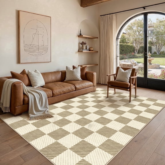 WIPONKEN 6'x9' Modern Checkered Area Rugs for Living Room Brown Rugs for Bedroom Kitchen Non Slip Washable Geometric Contemporary Carpets Office Playroom Dorm Dining Room Rugs