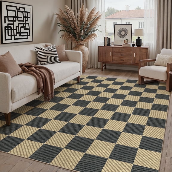 WIPONKEN 6'x9' Modern Checkered Area Rugs for Living Room Black and Brown Rugs for Bedroom Kitchen Non Slip Washable Geometric Contemporary Carpets Office Playroom Dorm Dining Room Rugs