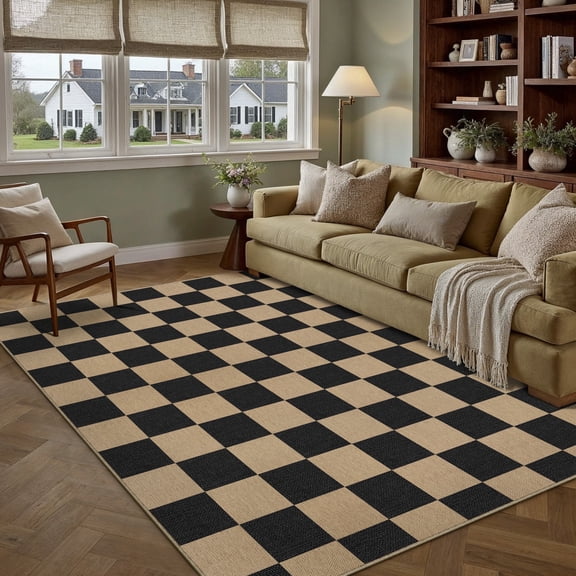 WIPONKEN 6'x9' Easy Jute Checkered Area Rugs for Living Room Bedroom Office Washable Non-Slip Outdoor Patio Rug On Clearance Farmhouse Contemporary Morden Geometric Indoor Carpet, Black